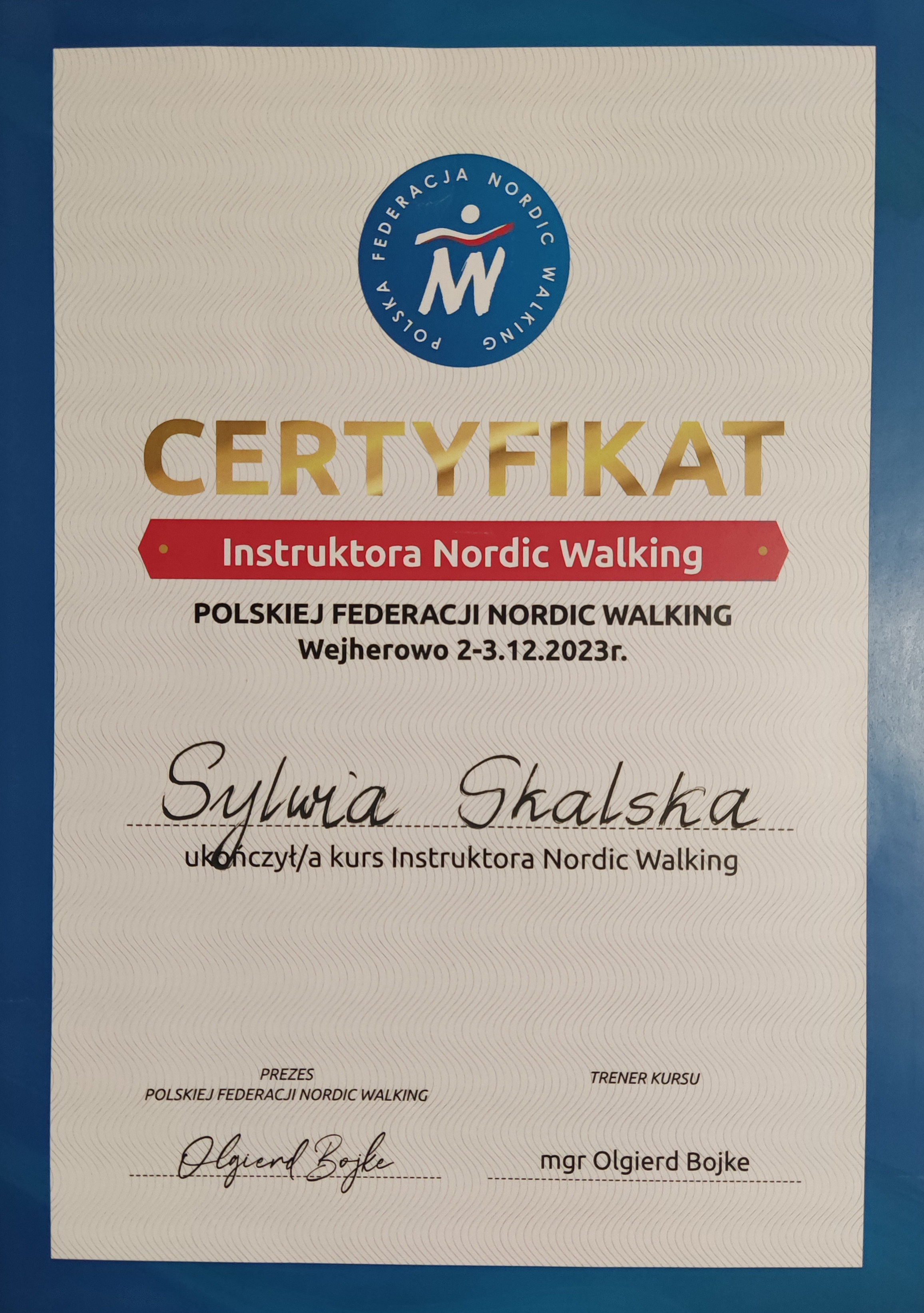 Certyfikat ukończenia kursu instruktora Nordic Walking