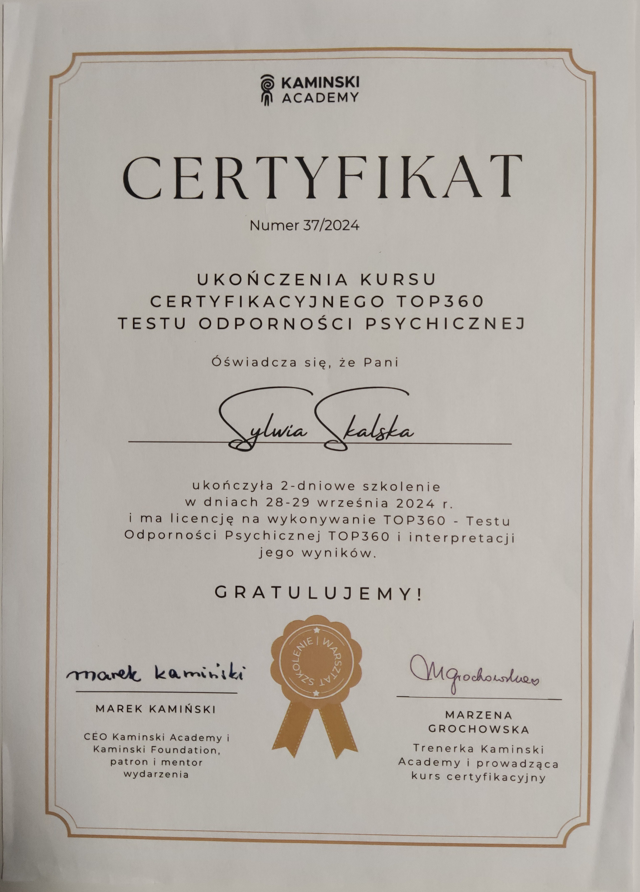 Certyfikat ukończenia kursu certyfikacyjnego TOP 360 - testu odporności psychicznej