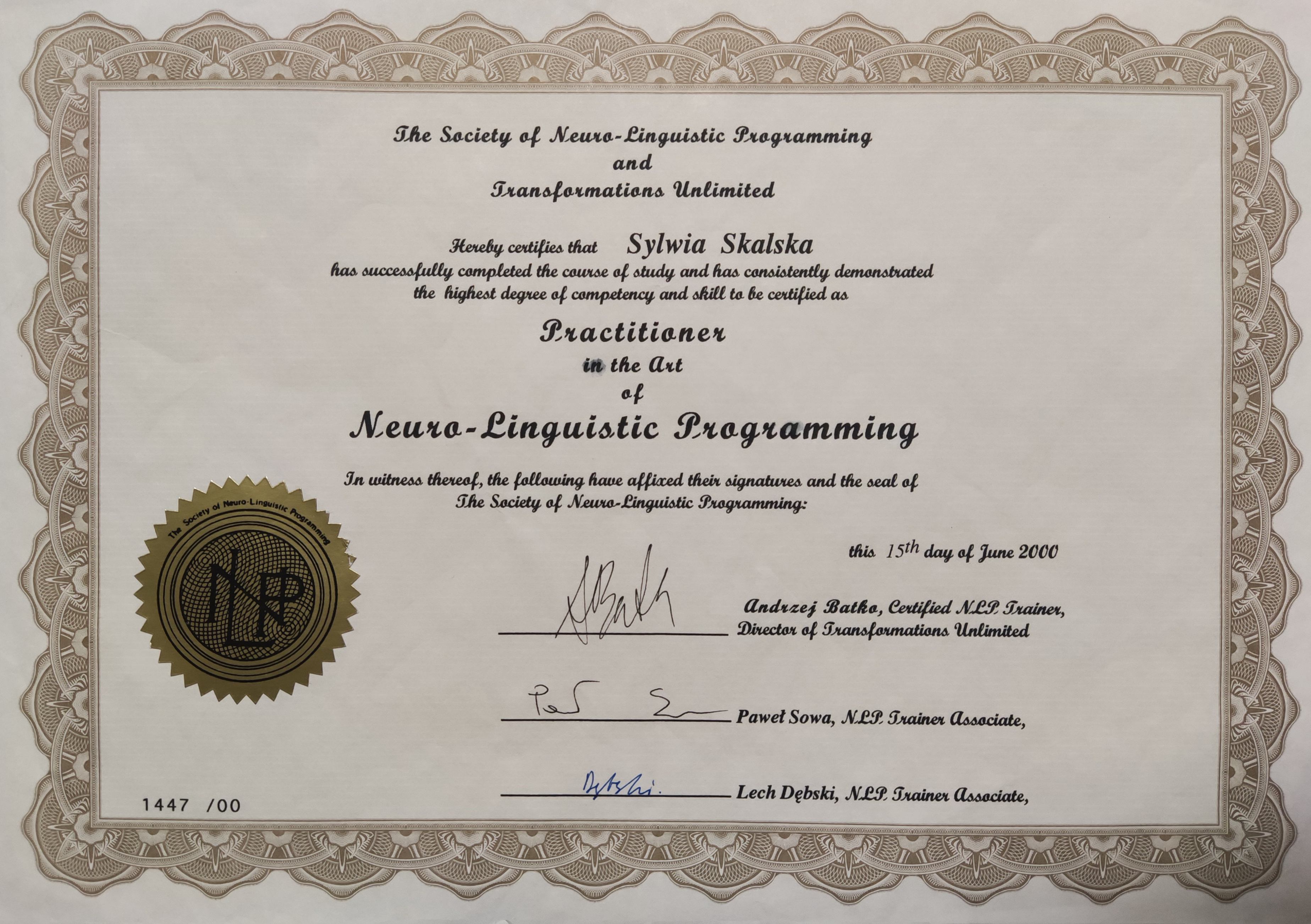 Certyfikat ukończenia kursu neurolingwistycznego programowania