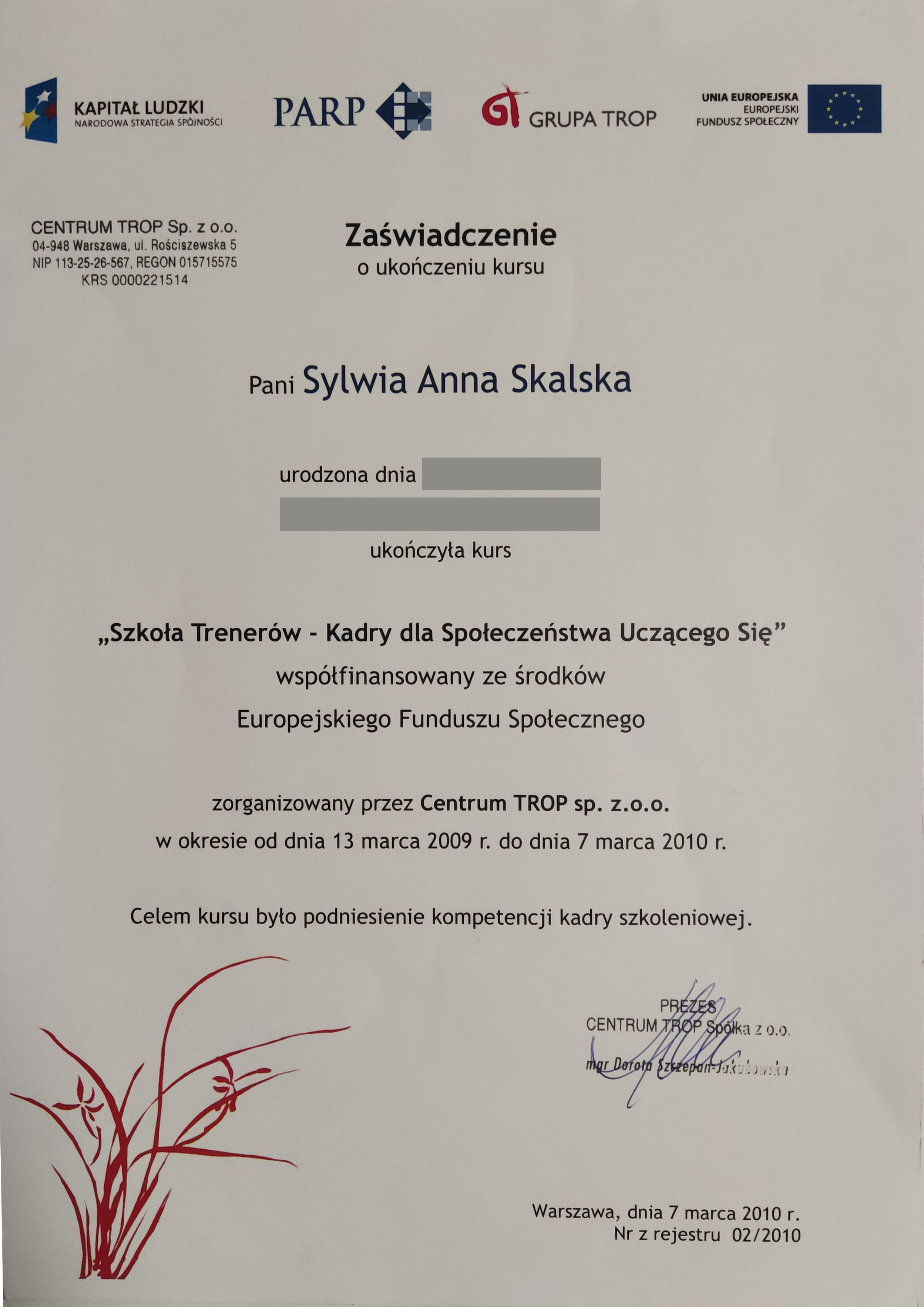 Certyfikat ukończenia szkoły trenerów biznesu