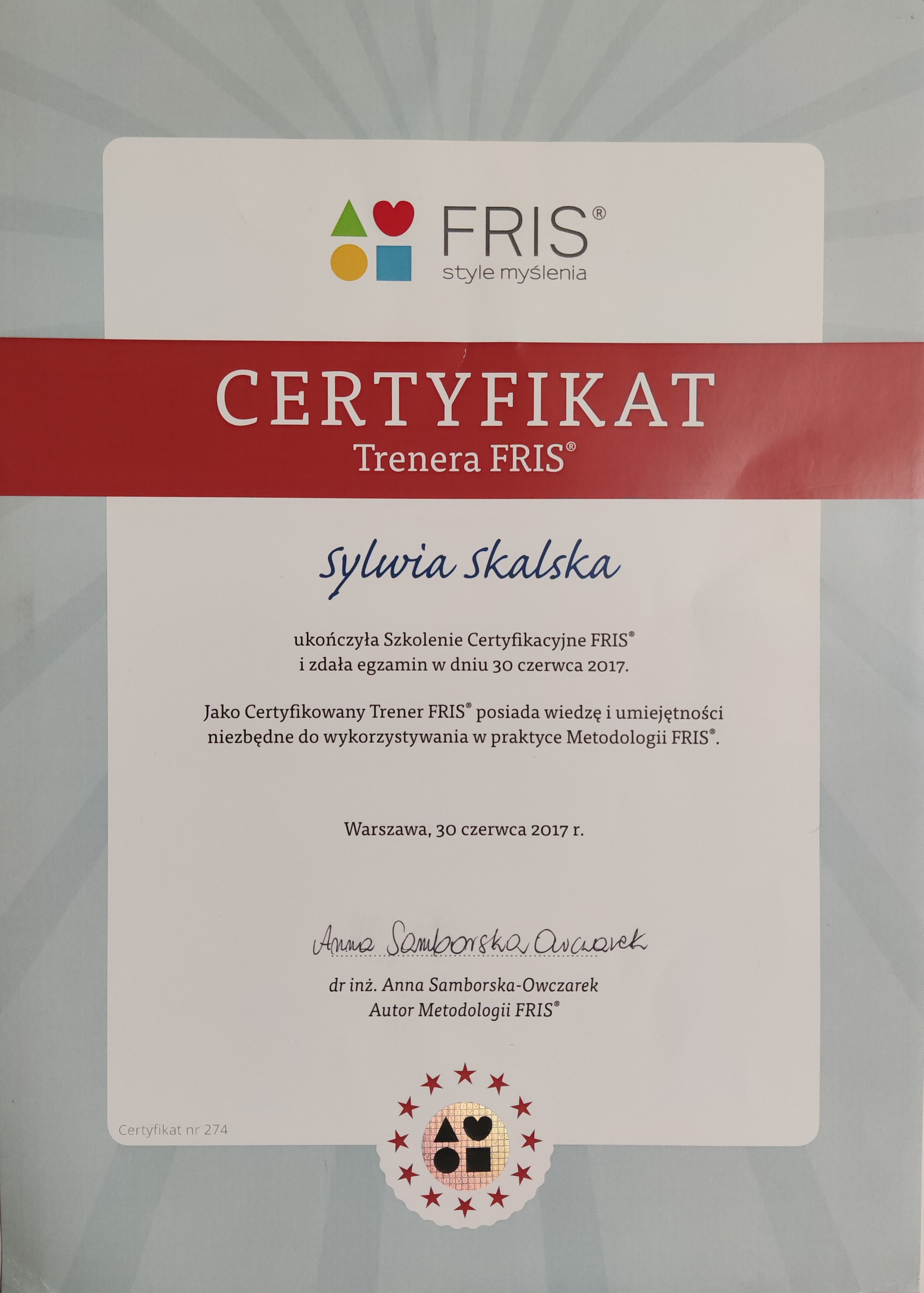 Certyfikat trenera metodologii FRIS