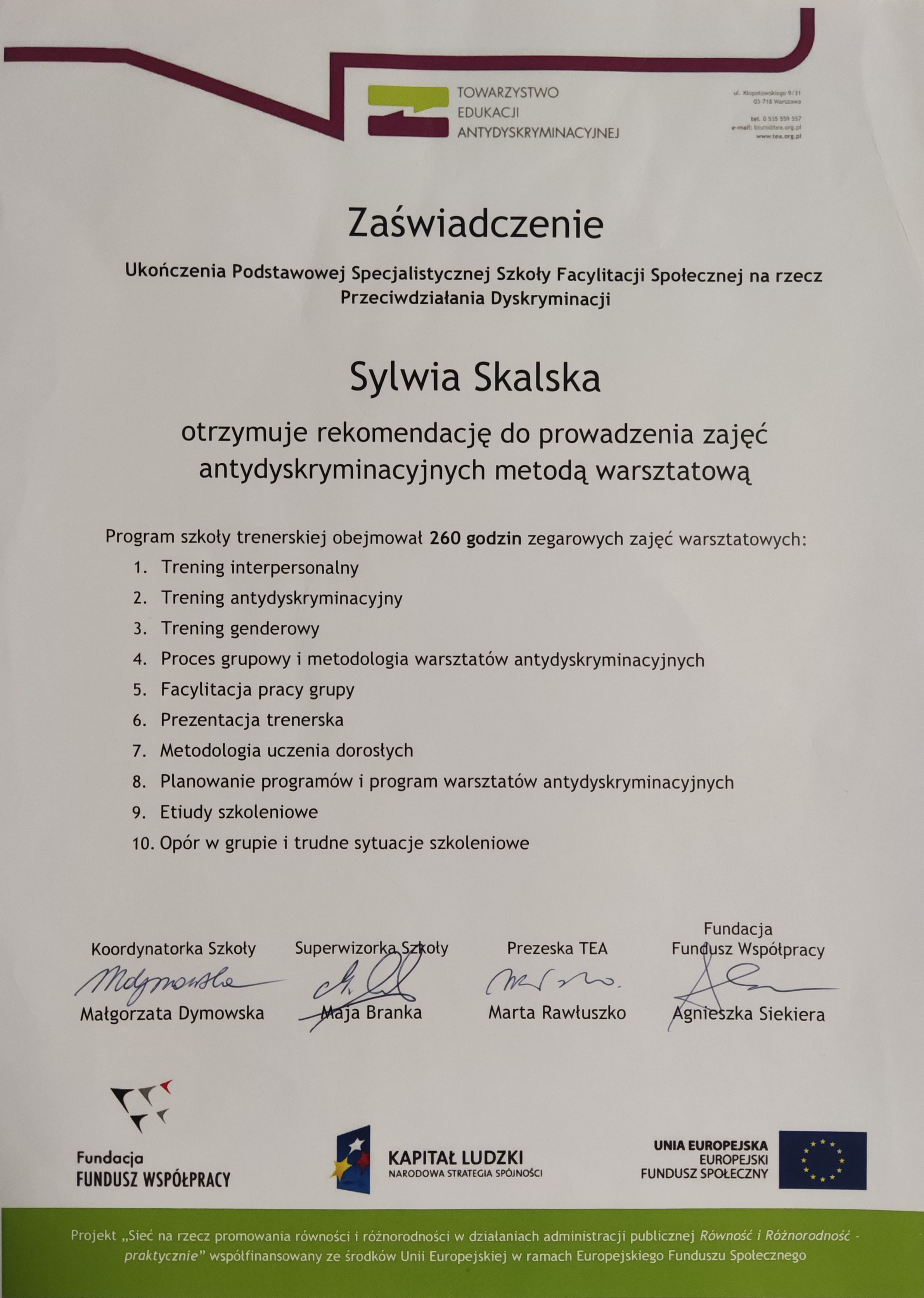 Certyfikat ukończenia szkoły trenerskiej antydyskryminacyjnej 