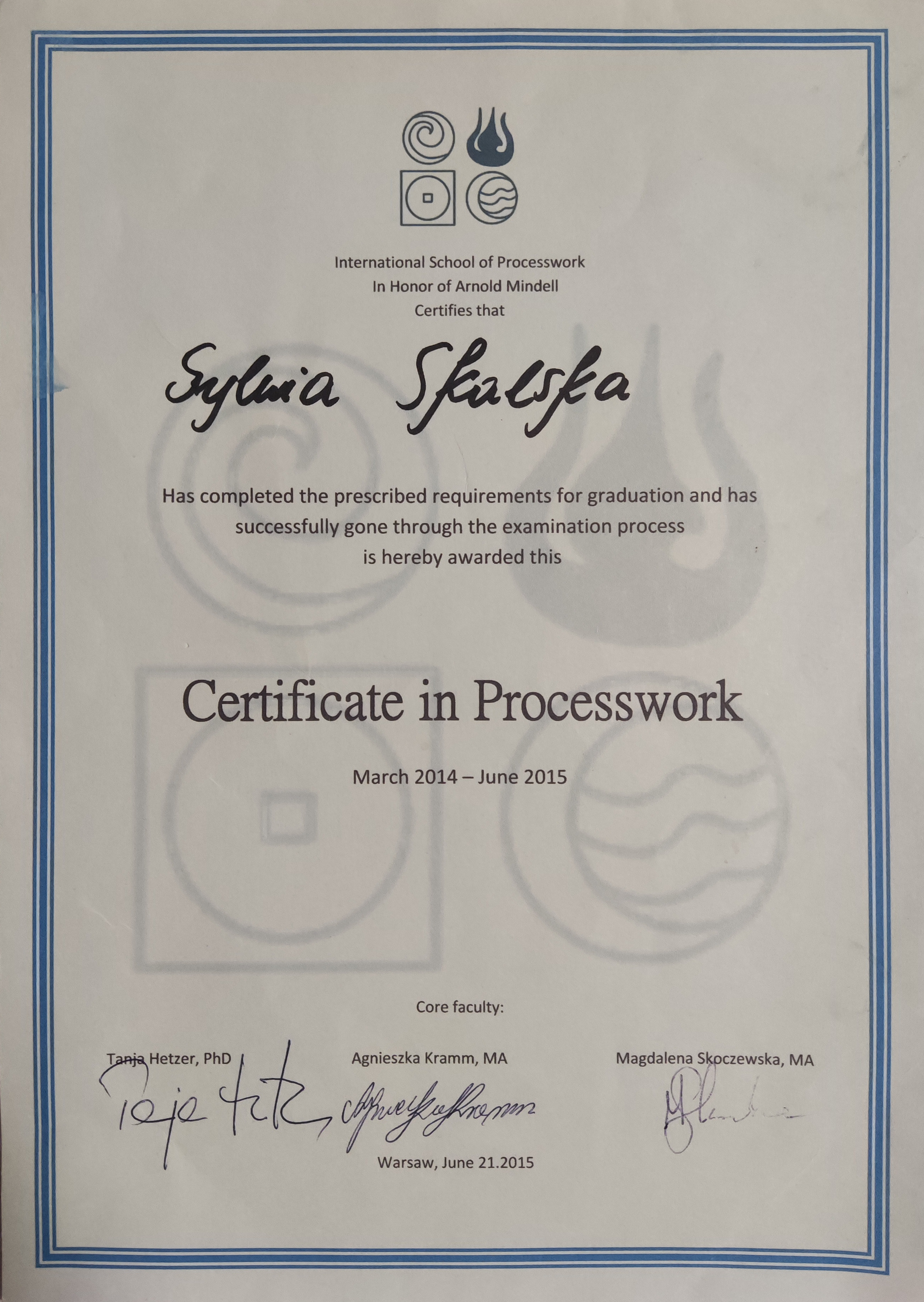 Certyfikat ukończenia szkoły psychologii zorientowanej na&nbsp;proces