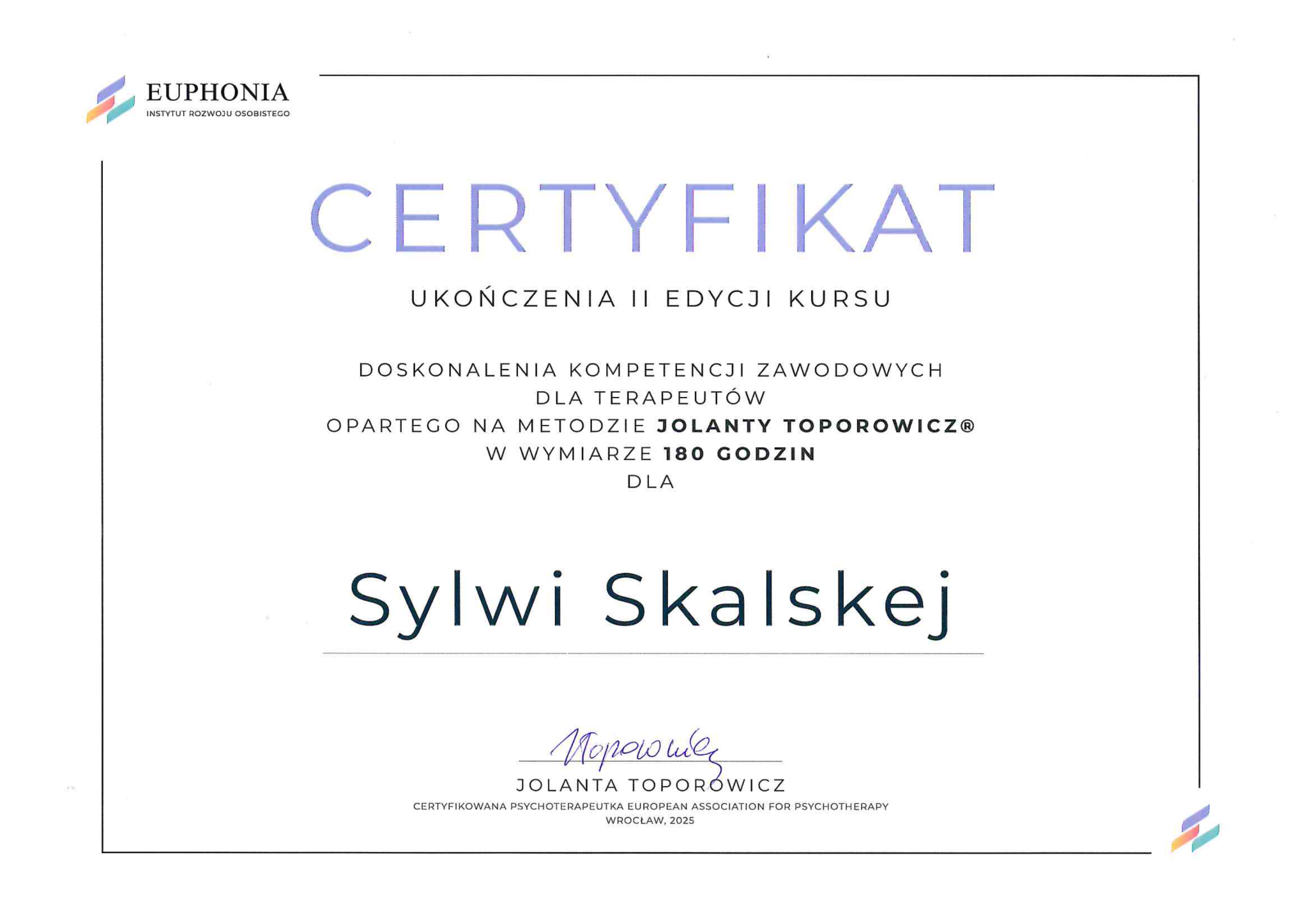 Certyfikat ukończenia kursu doskonalenia zawodowego dla terapeutów