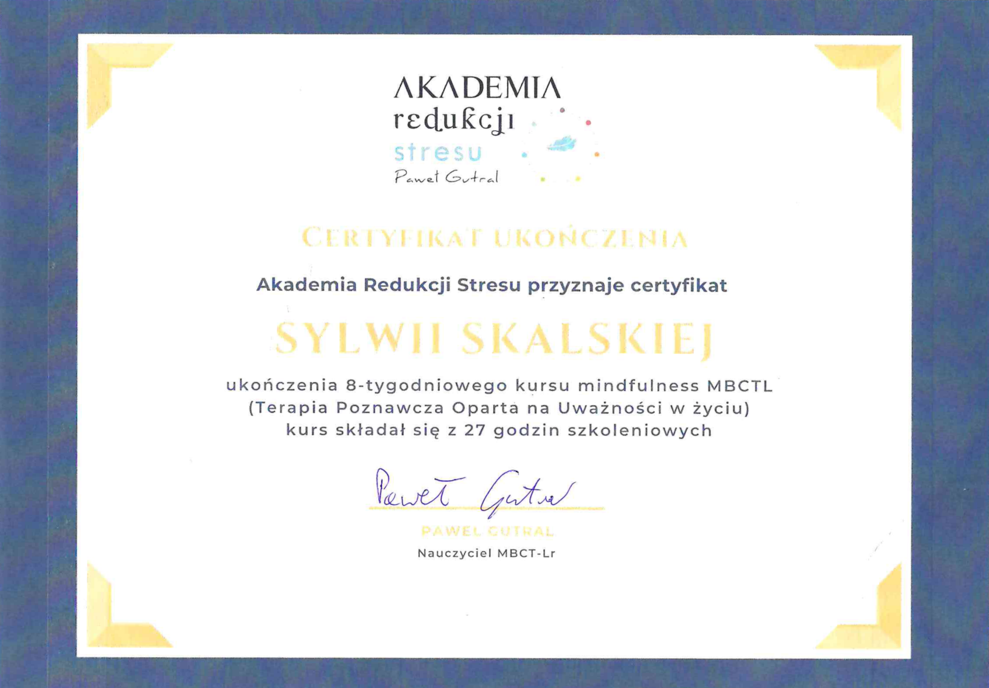 Certyfikat ukończenia kursu mindfulness MBTCL