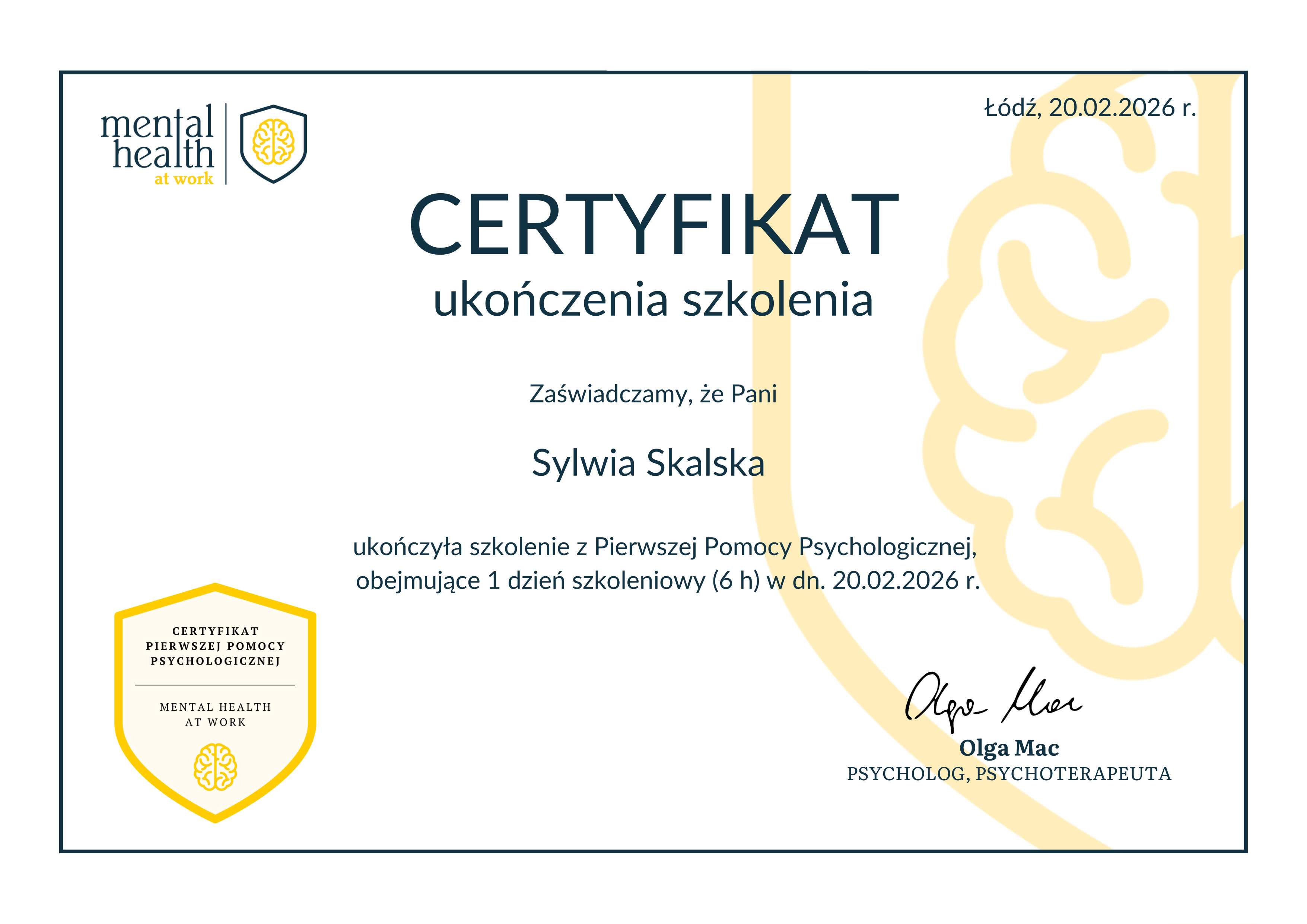 Certyfikat ukończenia szkolenia Pierwszej Pomocy Psychologicznej w pracy